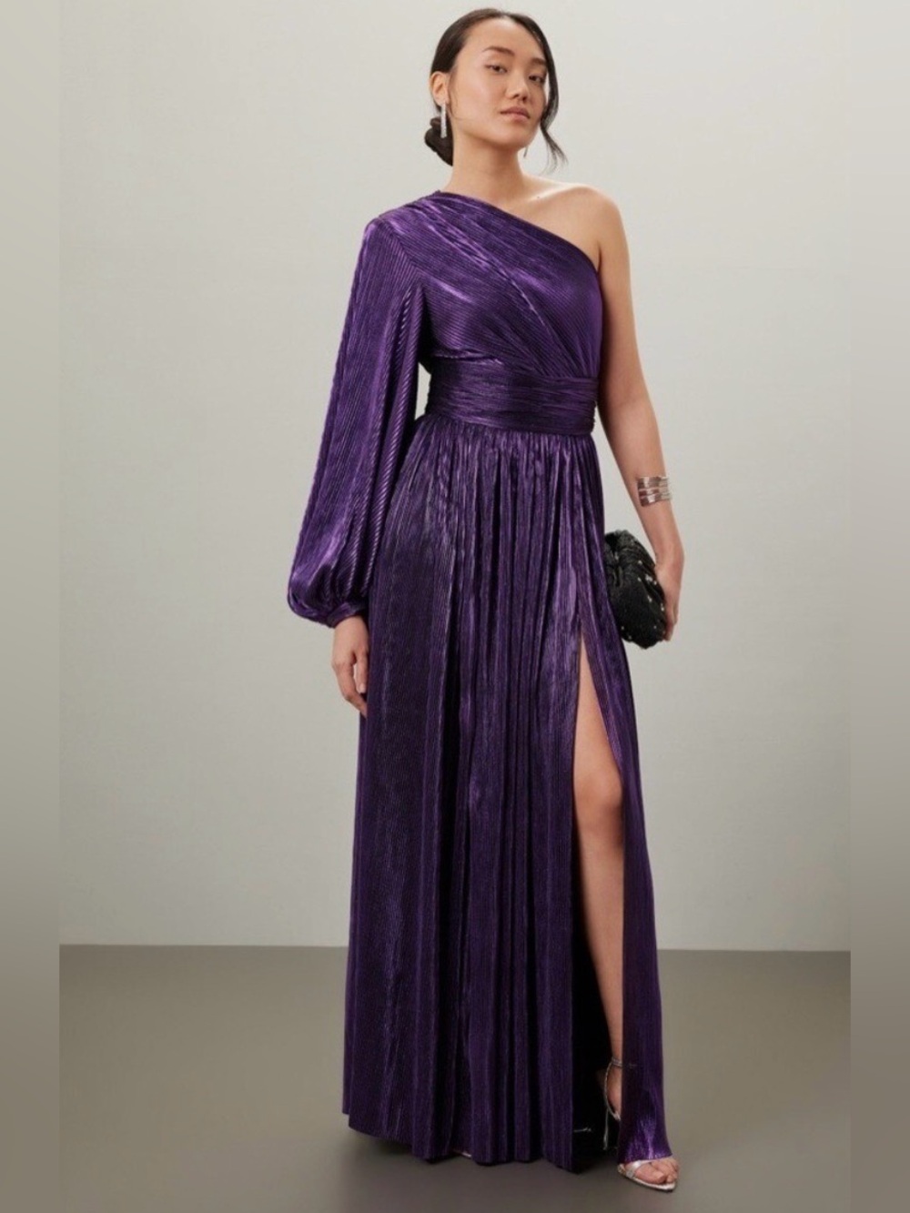 Bronx and Banco One-Shoulder Pleated Purple Gown with High Slit